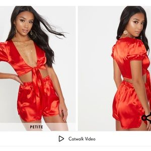 PRETTY LITTLE THING Petite Red Puff Sleeve Tie Front Crop Top & Short Satin Set